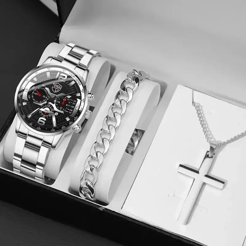 5PCS Luxury Men’s Watch & Jewelry Set – Stainless Steel Business Quartz Wristwatch with Matching Necklace & Bracelet.