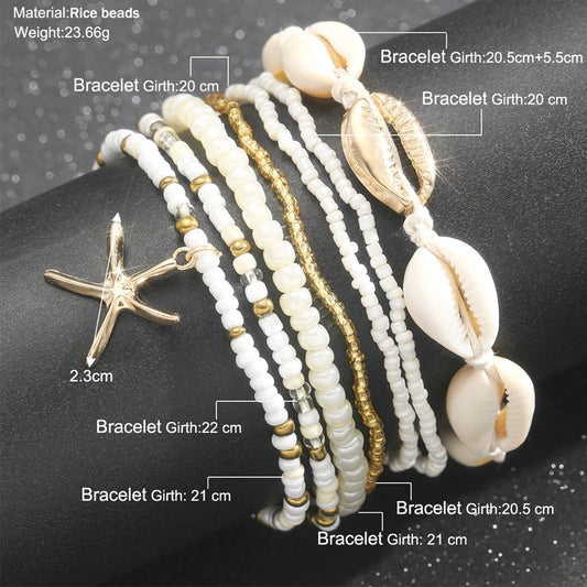 7Pc/Set Bohemian Rice Beads Starfish Pendant Anklet Set Fashion Summer Beach Sea Shell Multilayer Ankle Bracelet on Foot Jewelry