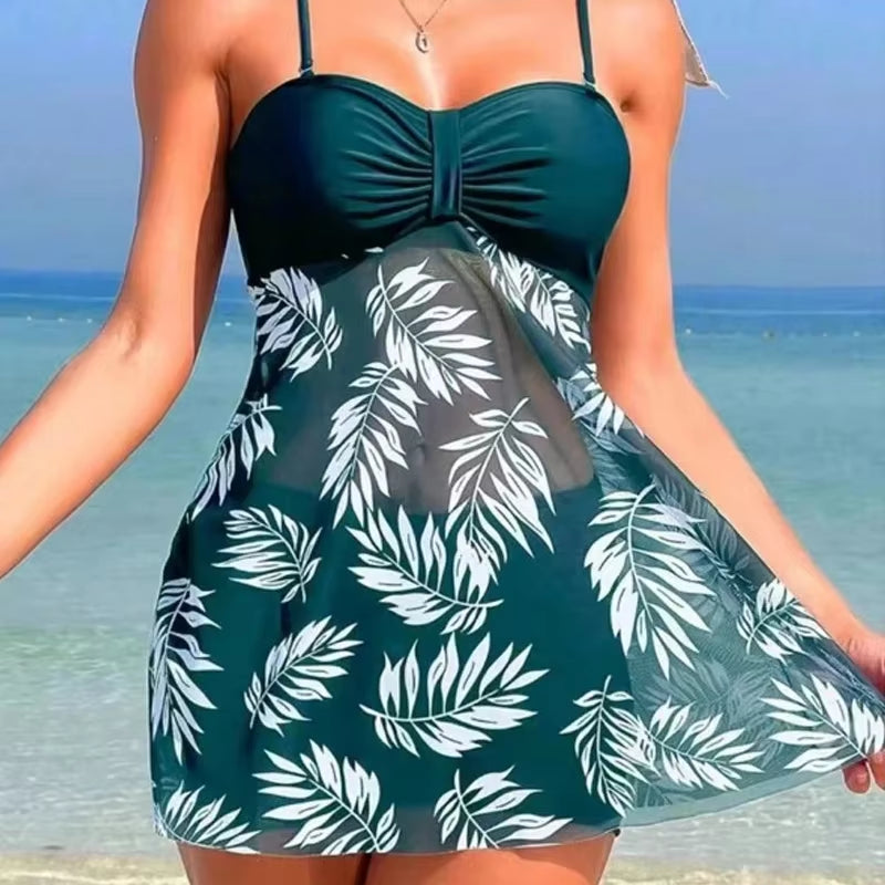 2024 Summer Short Dress Split Swimsuit Women'S Sexy Fashion High Waist Swimsuit Thickened Mesh Print Swimming Beach Wear