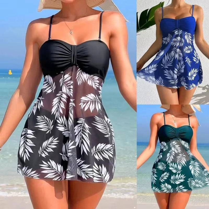 2024 Summer Short Dress Split Swimsuit Women'S Sexy Fashion High Waist Swimsuit Thickened Mesh Print Swimming Beach Wear