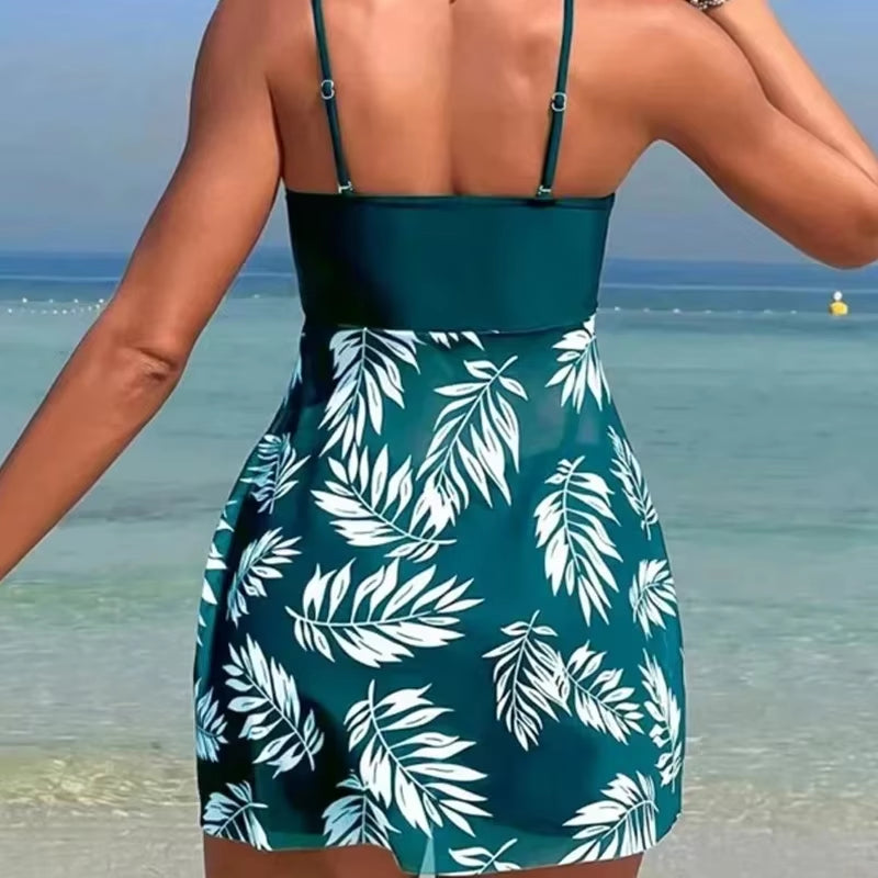 2024 Summer Short Dress Split Swimsuit Women'S Sexy Fashion High Waist Swimsuit Thickened Mesh Print Swimming Beach Wear