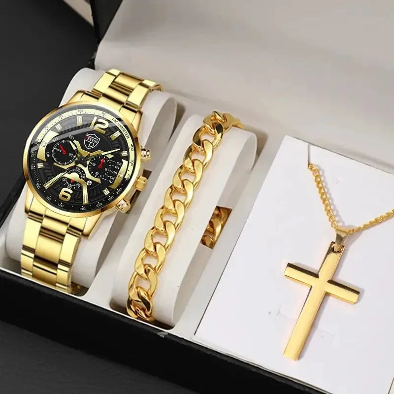 5PCS Luxury Men’s Watch & Jewelry Set – Stainless Steel Business Quartz Wristwatch with Matching Necklace & Bracelet.