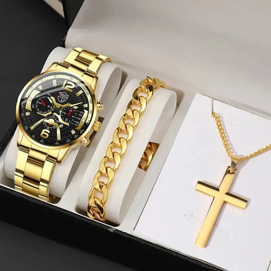 5PCS Luxury Men’s Watch & Jewelry Set – Stainless Steel Business Quartz Wristwatch with Matching Necklace & Bracelet.