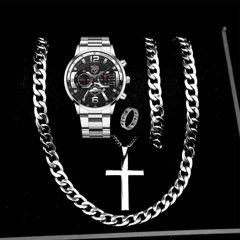 5PCS Luxury Men’s Watch & Jewelry Set – Stainless Steel Business Quartz Wristwatch with Matching Necklace & Bracelet.