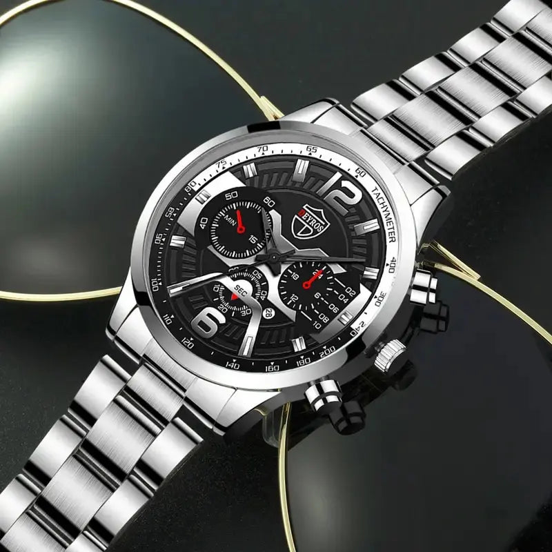 5PCS Luxury Men’s Watch & Jewelry Set – Stainless Steel Business Quartz Wristwatch with Matching Necklace & Bracelet.