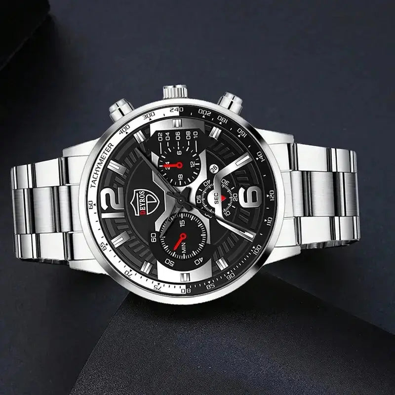 5PCS Luxury Men’s Watch & Jewelry Set – Stainless Steel Business Quartz Wristwatch with Matching Necklace & Bracelet.