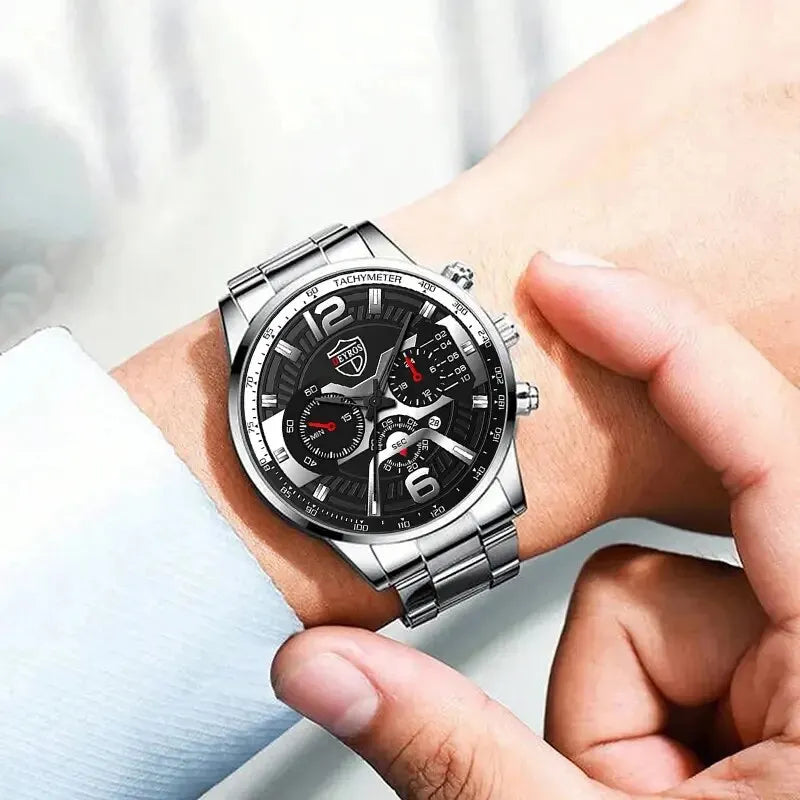 5PCS Luxury Men’s Watch & Jewelry Set – Stainless Steel Business Quartz Wristwatch with Matching Necklace & Bracelet.