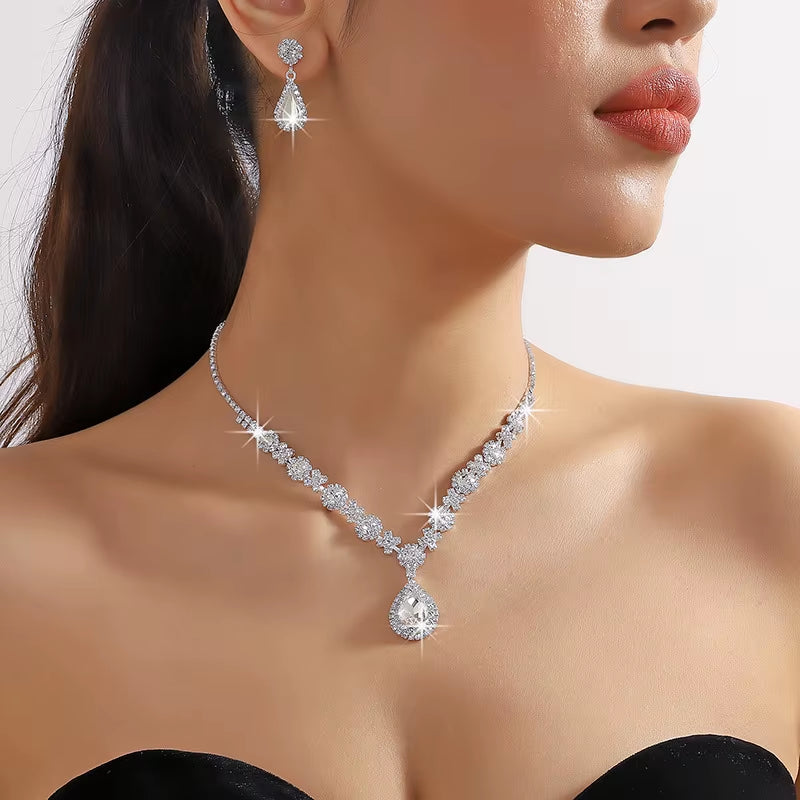 Elegant Women’s Crystal Droplet Necklace & Earring Set – Sparkling Wedding & Evening Dress Jewelry Accessories