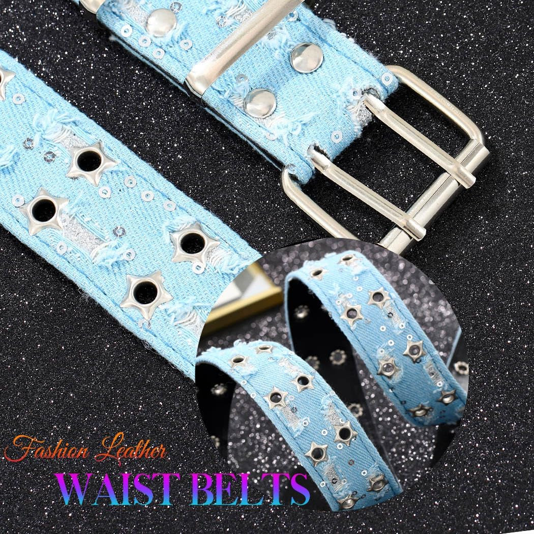 Blue Denim Waist Belt Star Grommet Leather Wide Belts Sequin Y2K Jeans Belt for Women