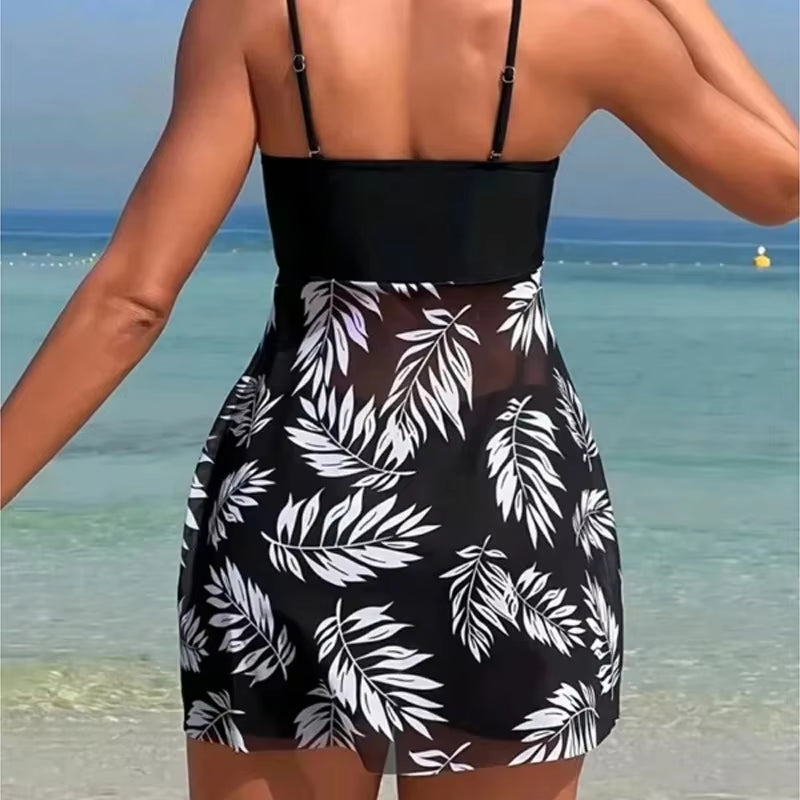 2024 Summer Short Dress Split Swimsuit Women'S Sexy Fashion High Waist Swimsuit Thickened Mesh Print Swimming Beach Wear