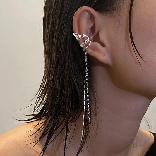 Silver Color Crystal Tassel Non-Piercing Cuff Ear Clip Earring for Women Shiny Rhinestone Chain Fake Cartilage Piercing Jewelry