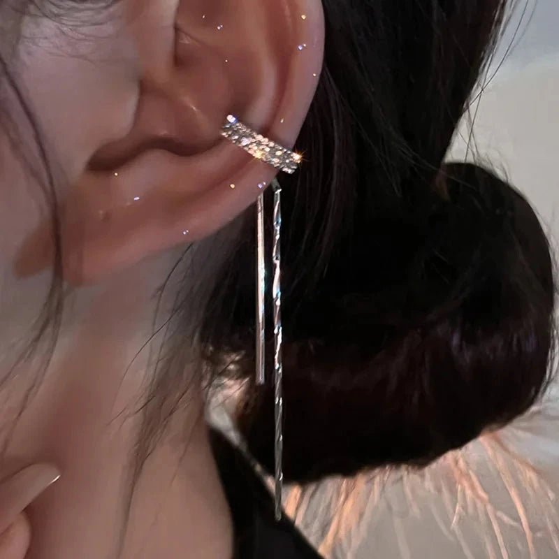 Silver Color Crystal Tassel Non-Piercing Cuff Ear Clip Earring for Women Shiny Rhinestone Chain Fake Cartilage Piercing Jewelry