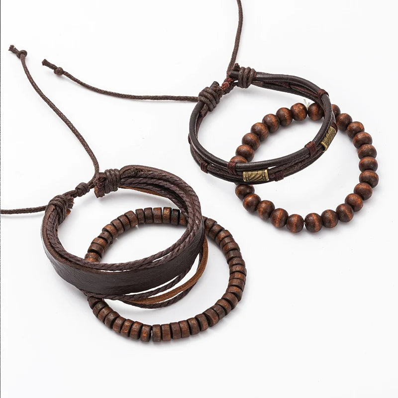 Men’s 4PCS Vintage Bracelet Set – Layered Wooden Bead & Leather Strand Stack Bracelets