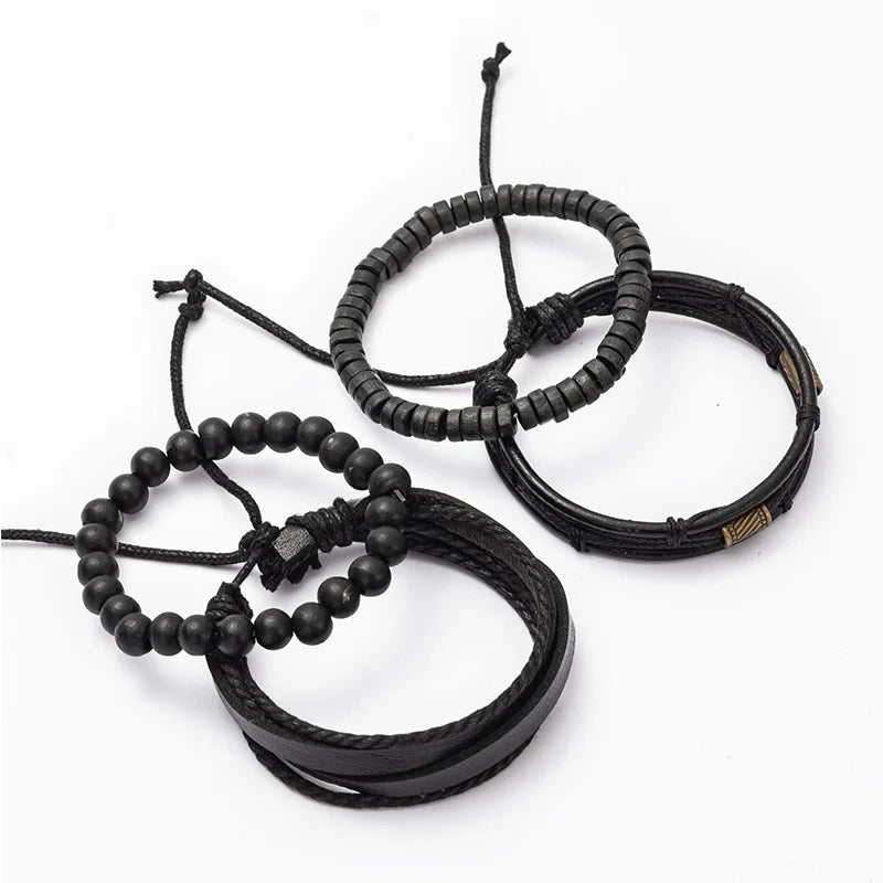 Men’s 4PCS Vintage Bracelet Set – Layered Wooden Bead & Leather Strand Stack Bracelets