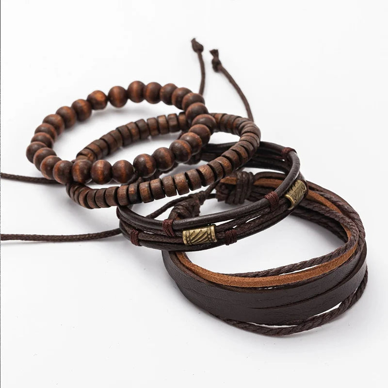 Men’s 4PCS Vintage Bracelet Set – Layered Wooden Bead & Leather Strand Stack Bracelets