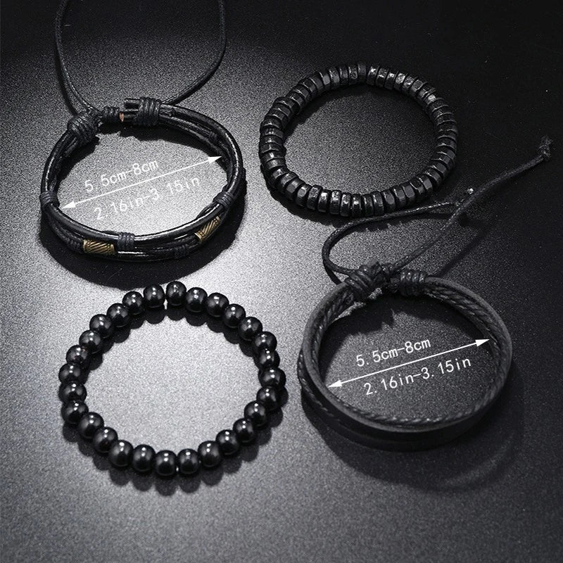 Men’s 4PCS Vintage Bracelet Set – Layered Wooden Bead & Leather Strand Stack Bracelets