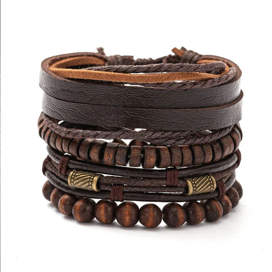 Men’s 4PCS Vintage Bracelet Set – Layered Wooden Bead & Leather Strand Stack Bracelets