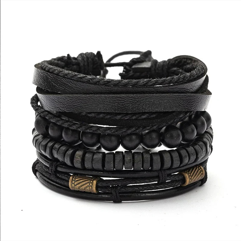 Men’s 4PCS Vintage Bracelet Set – Layered Wooden Bead & Leather Strand Stack Bracelets