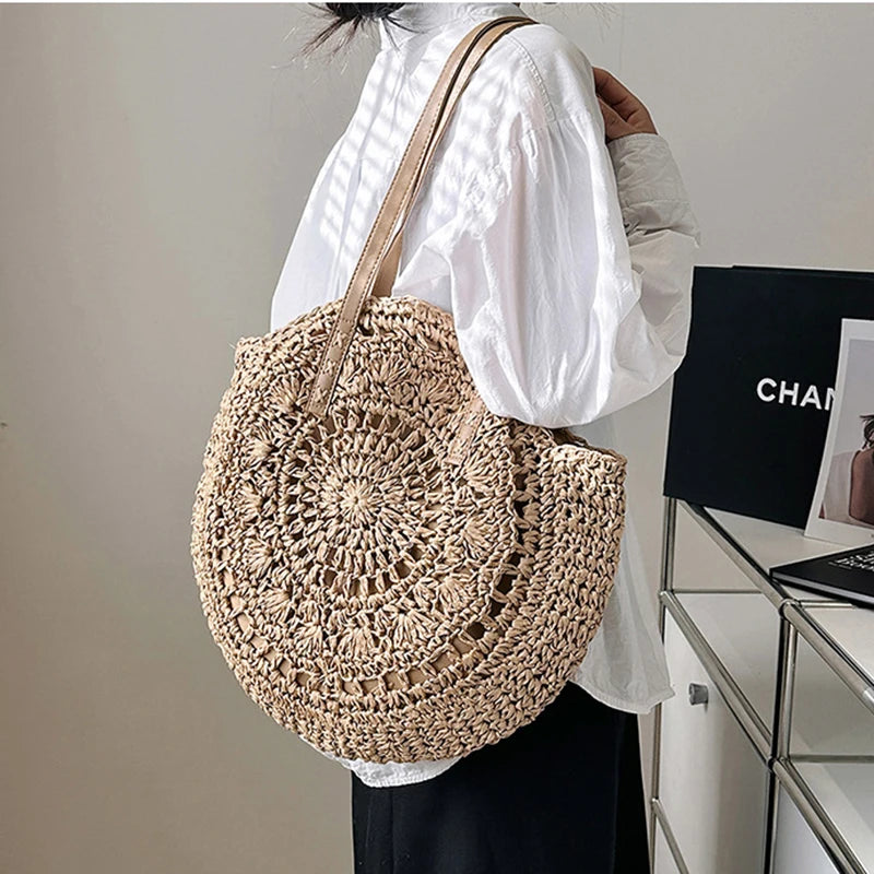 Women’s Summer Straw Beach Bag – Large Capacity Woven Shoulder Tote, Hollow Out Vacation Handbag