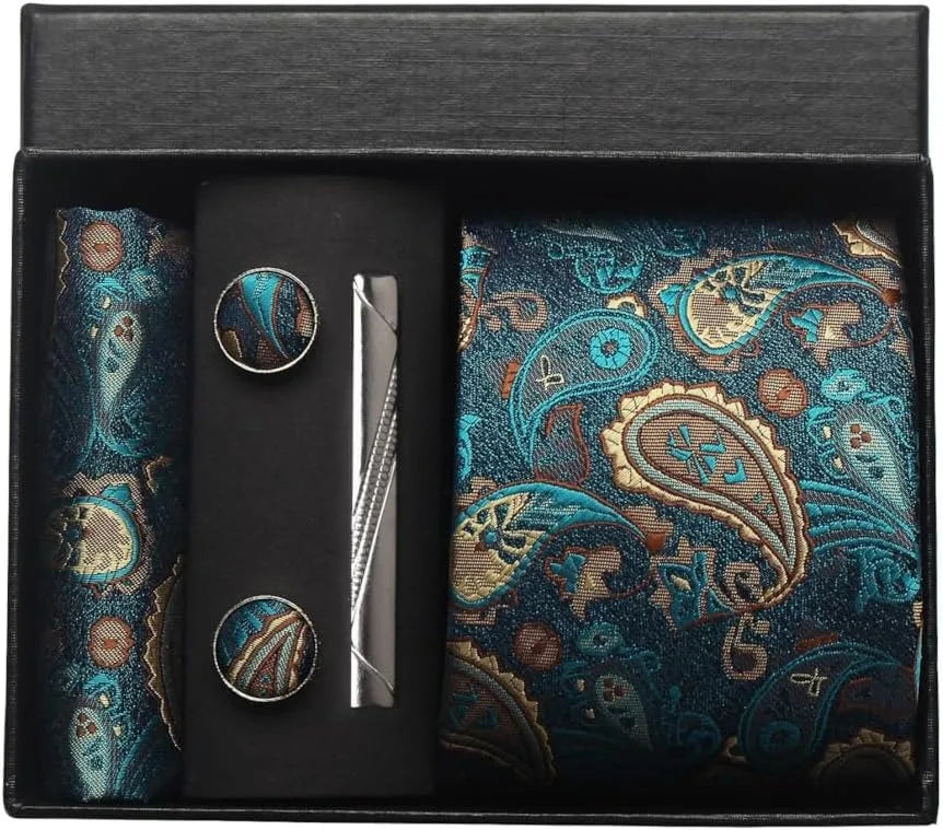 Luxury 100% Silk Paisley Floral Necktie Set – Classic Men’s Business Tie with Pocket Square, Cufflinks & Tie Clip in Gift Box