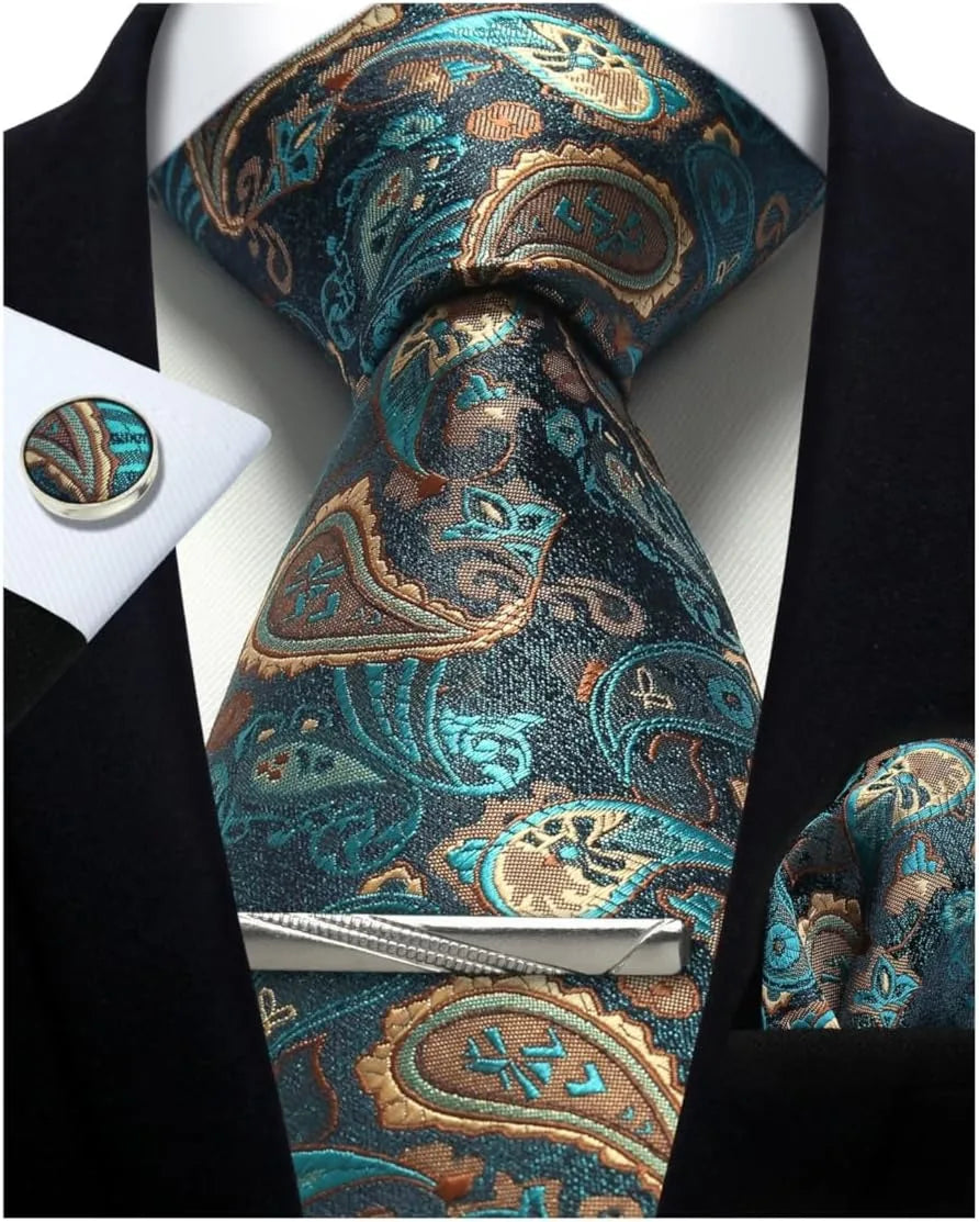 Luxury 100% Silk Paisley Floral Necktie Set – Classic Men’s Business Tie with Pocket Square, Cufflinks & Tie Clip in Gift Box