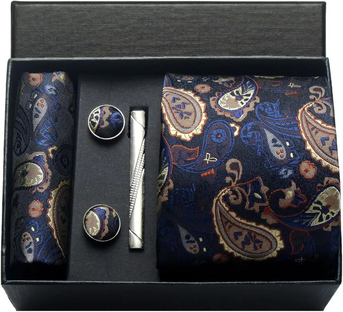 Luxury 100% Silk Paisley Floral Necktie Set – Classic Men’s Business Tie with Pocket Square, Cufflinks & Tie Clip in Gift Box