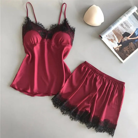 New Fashion Lace Pajama Set – V-Neck Camisole & Shorts Sleepwear for Women