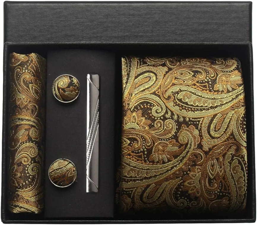 Luxury 100% Silk Paisley Floral Necktie Set – Classic Men’s Business Tie with Pocket Square, Cufflinks & Tie Clip in Gift Box