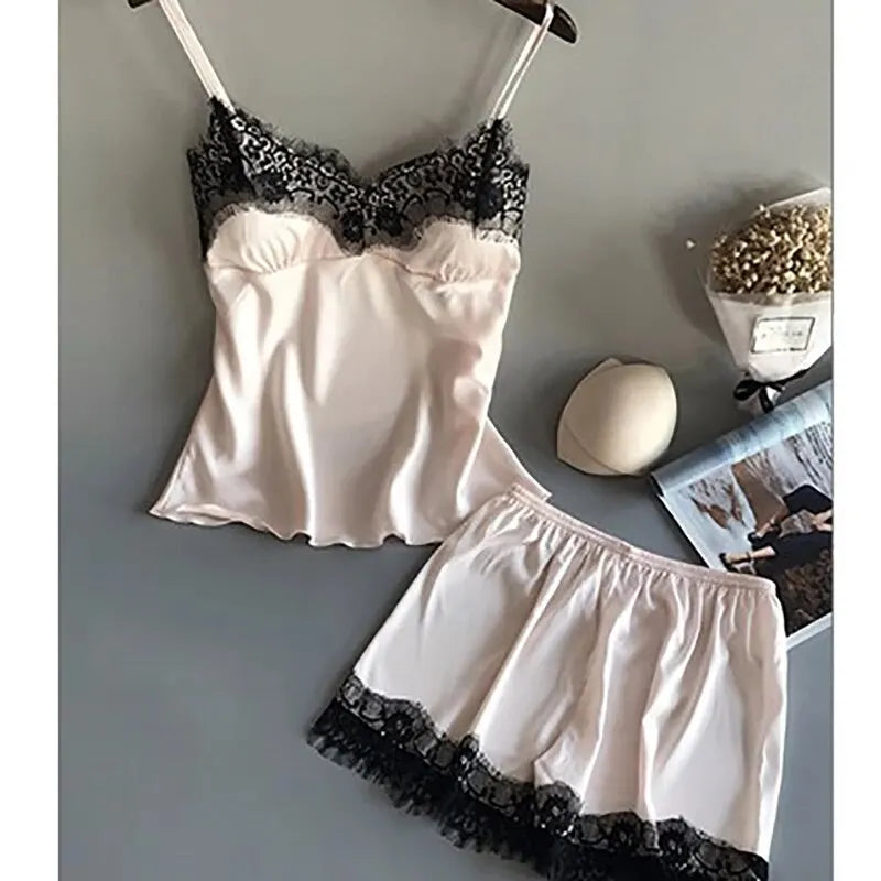 New Fashion Lace Pajama Set – V-Neck Camisole & Shorts Sleepwear for Women