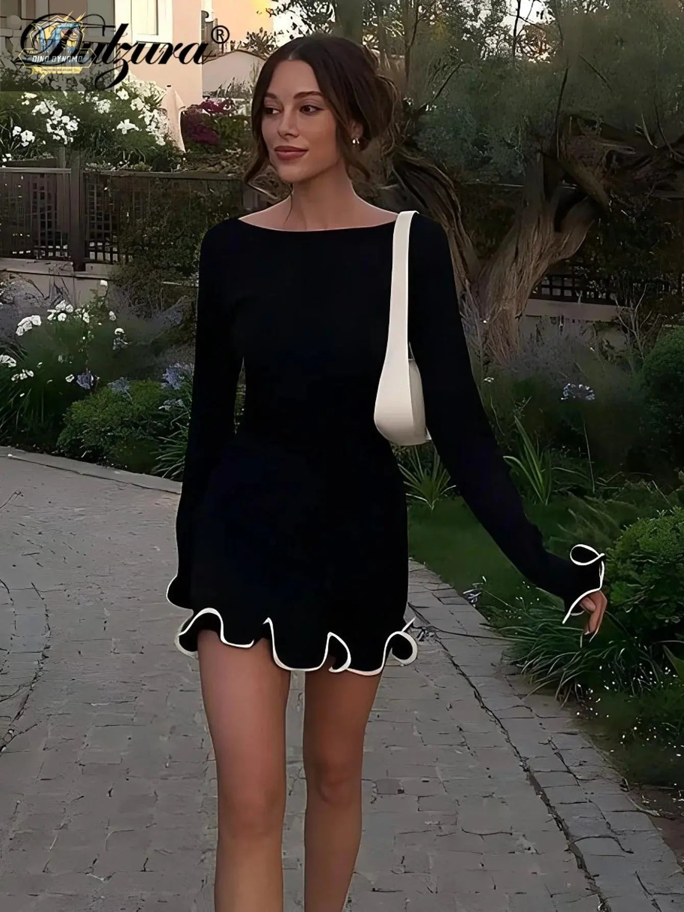 Women’s O-Neck Ruffle Patchwork Bodycon Mini Dress – Elegant Long Sleeve Party & Club Outfit