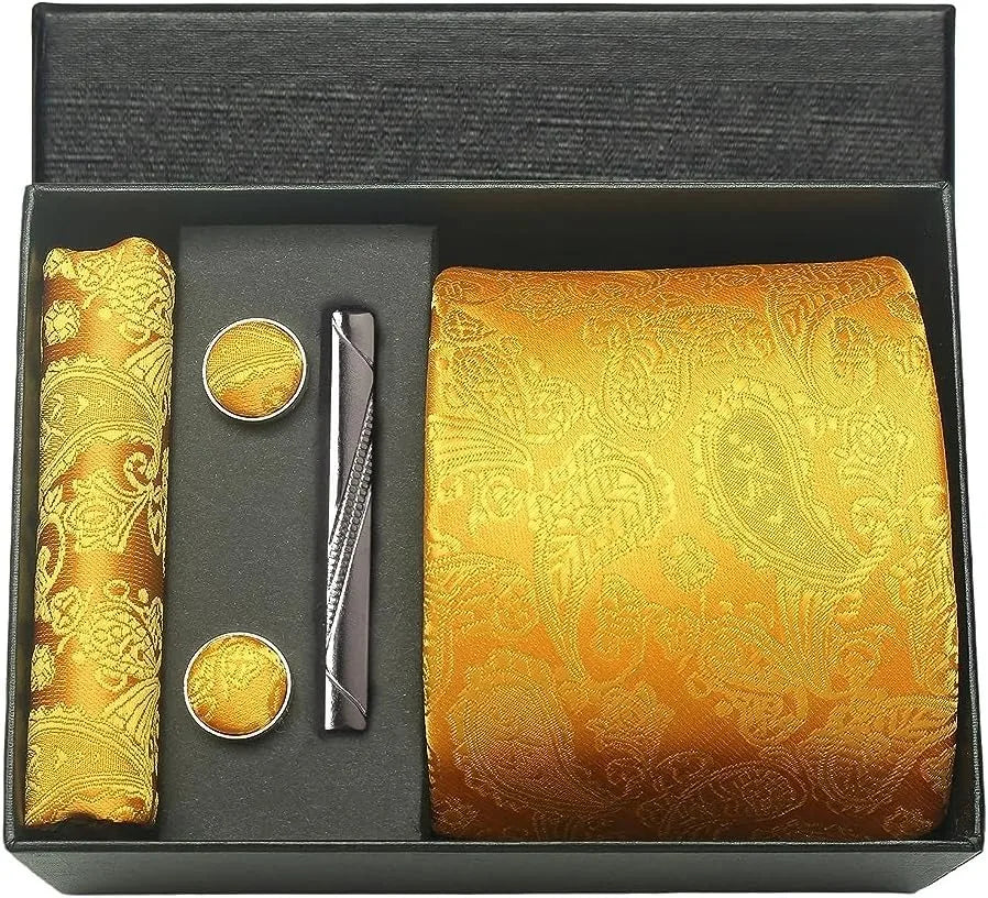 Luxury 100% Silk Paisley Floral Necktie Set – Classic Men’s Business Tie with Pocket Square, Cufflinks & Tie Clip in Gift Box