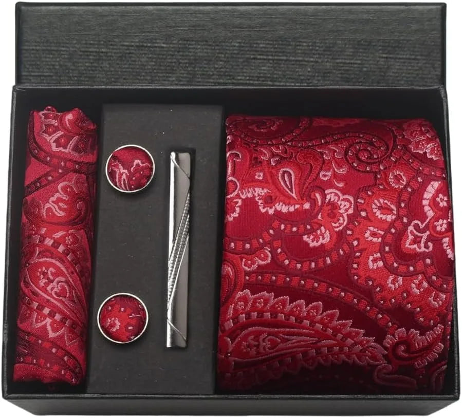 Luxury 100% Silk Paisley Floral Necktie Set – Classic Men’s Business Tie with Pocket Square, Cufflinks & Tie Clip in Gift Box