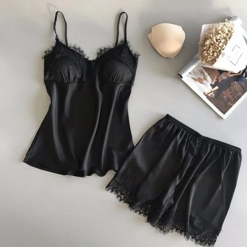 New Fashion Lace Pajama Set – V-Neck Camisole & Shorts Sleepwear for Women
