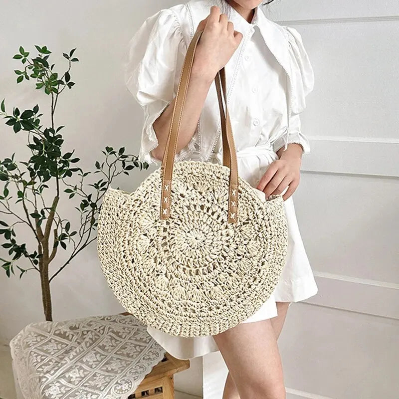 Women’s Summer Straw Beach Bag – Large Capacity Woven Shoulder Tote, Hollow Out Vacation Handbag