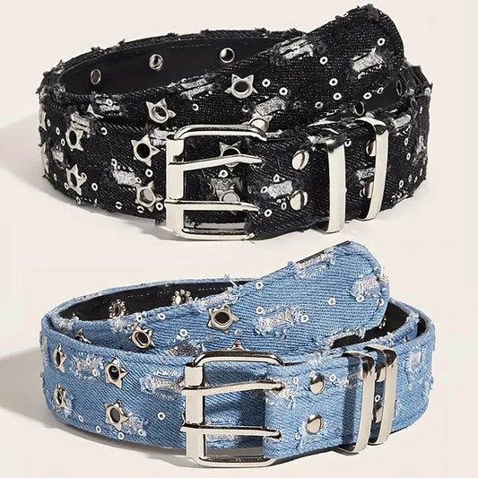 Stylish Y2K Star Hollow Belt – Luxury Punk Black Denim Waistband for Men & Women