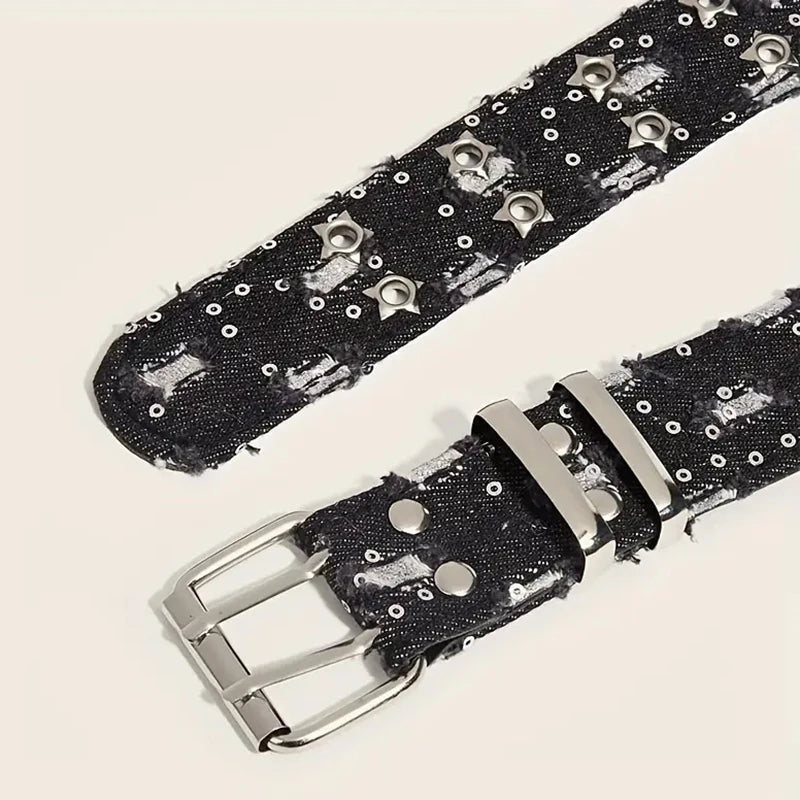 Stylish Y2K Star Hollow Belt – Luxury Punk Black Denim Waistband for Men & Women