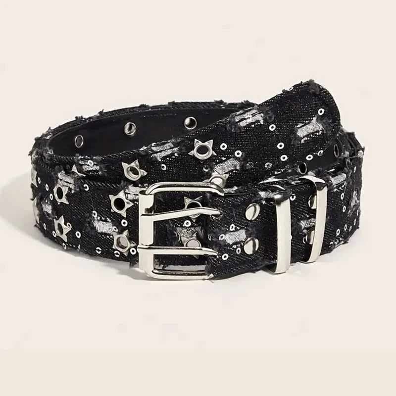 Stylish Y2K Star Hollow Belt – Luxury Punk Black Denim Waistband for Men & Women
