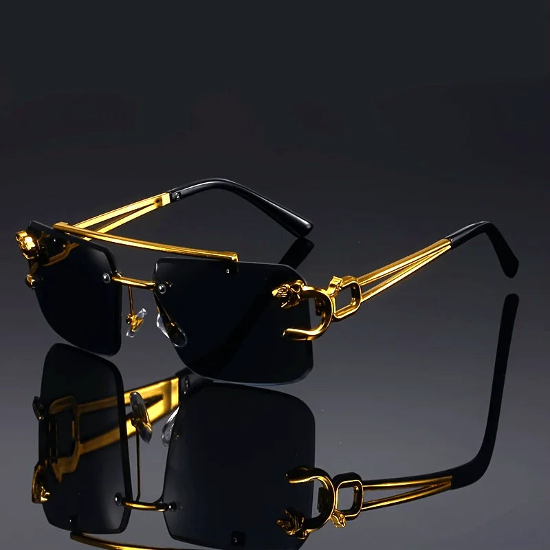 Vintage Luxury Golden Frameless Sunglasses – Cool Tiger Design Anti-Glare Glasses for Men & Women