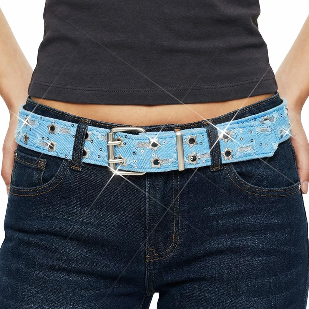 Blue Denim Waist Belt Star Grommet Leather Wide Belts Sequin Y2K Jeans Belt for Women