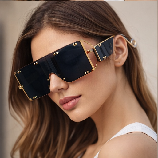 Oversized Square Sunglasses - Luxury Metal Rivet Detail